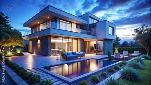 A breathtaking blue glow surrounds a modern dream home. AI-crafted exterior.