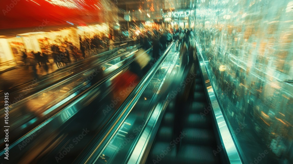 People customer transport on escalator at urban shopping mall, Department store business, financial economy,city life, tourist traveler lifestyle,Motion blur,copy space.