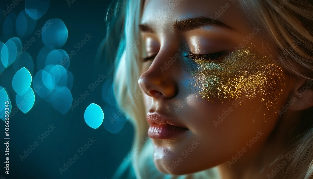 A beautiful blonde woman with her eyes closed and gold glitter covering the face A beautiful blonde woman with her eyes closed and gold glitter covering the face