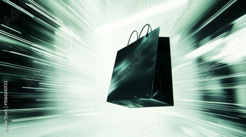 shopping bag leaving trail of shimmering light in motion, creating sense of speed and excitement