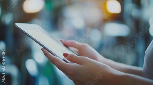 Hands holding a digital tablet with blurred background, concept of modern technology and connectivity.