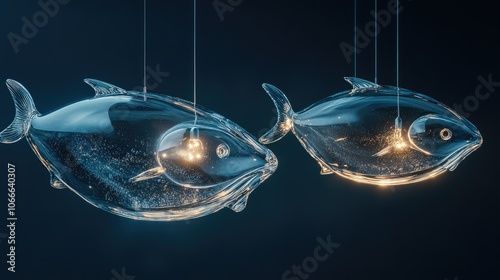 Two glass fish sculptures hanging against a dark blue background. The sculptures are made of transparent glass with a light inside, creating a glowing effect. photo