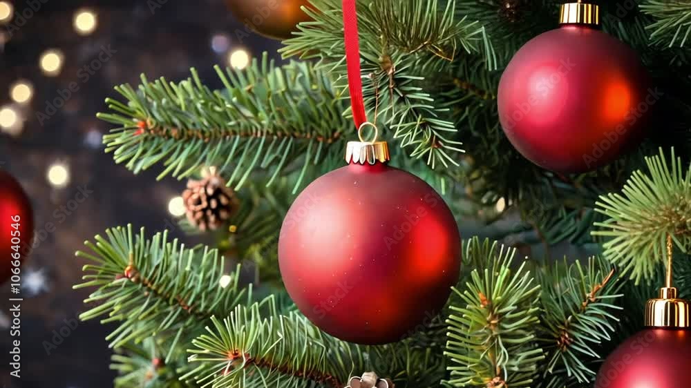 Close-up of a red Christmas ornament hanging on a green pine tree branch with a blurred background of twinkling lights.