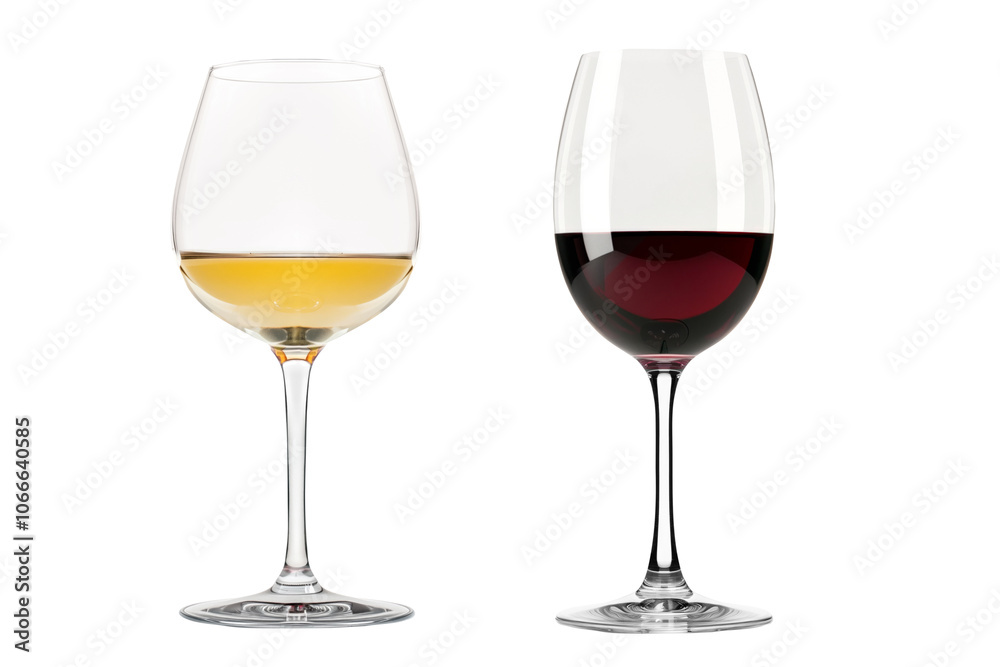 Pair of red and white wine glasses isolated on white transparent background. Rose wine splashing in glassware Pair of red and white wine glasses isolated on white transparent background. Rose wine splashing in glassware