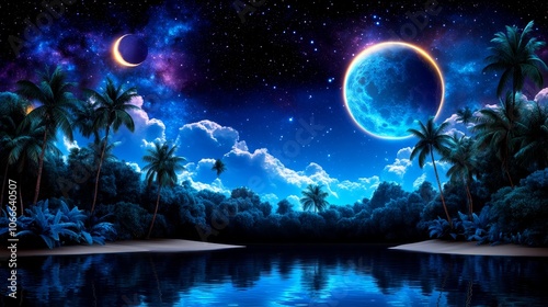 Tropical Night Sky with Blue Moon and Crescent Moon over Palm Trees and Lagoon
