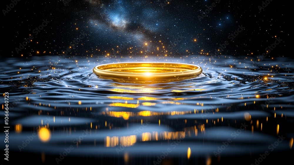 Golden Ring Floating on Water with Stars and Galaxy Background Abstract Concept Golden Ring Floating on Water with Stars and Galaxy Background Abstract Concept