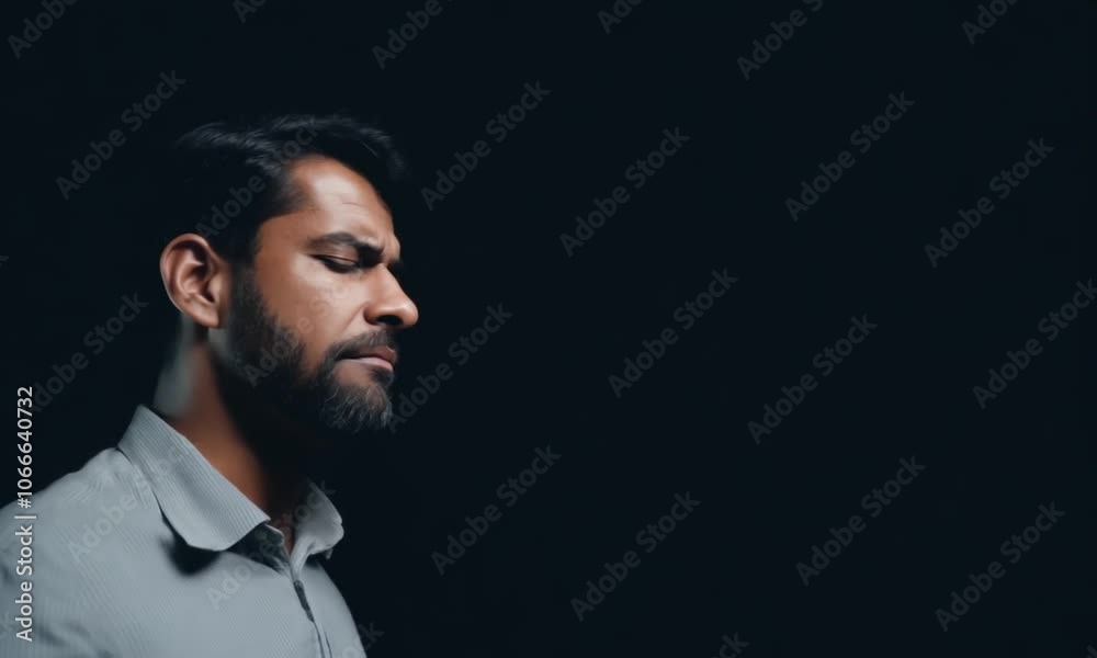 A depressed man, showing a self-critical expression. Shot with artistic intentional darkness and contrast. Part of a series of depictions of feelings and emotions with professional actors. A depressed man, showing a self-critical expression. Shot with artistic intentional darkness and contrast. Part of a series of depictions of feelings and emotions with professional actors.