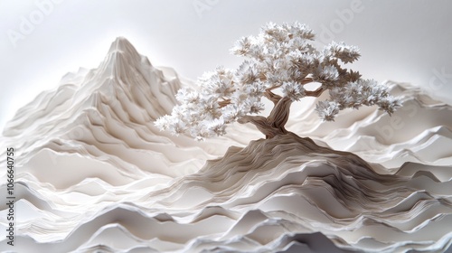 A white paper model of a tree and mountains on a white background. photo