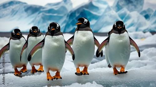 A group of penguins are walking on a frozen lake. The penguins are all facing the same direction, and one of them is walking in front of the others. The scene is peaceful and serene photo