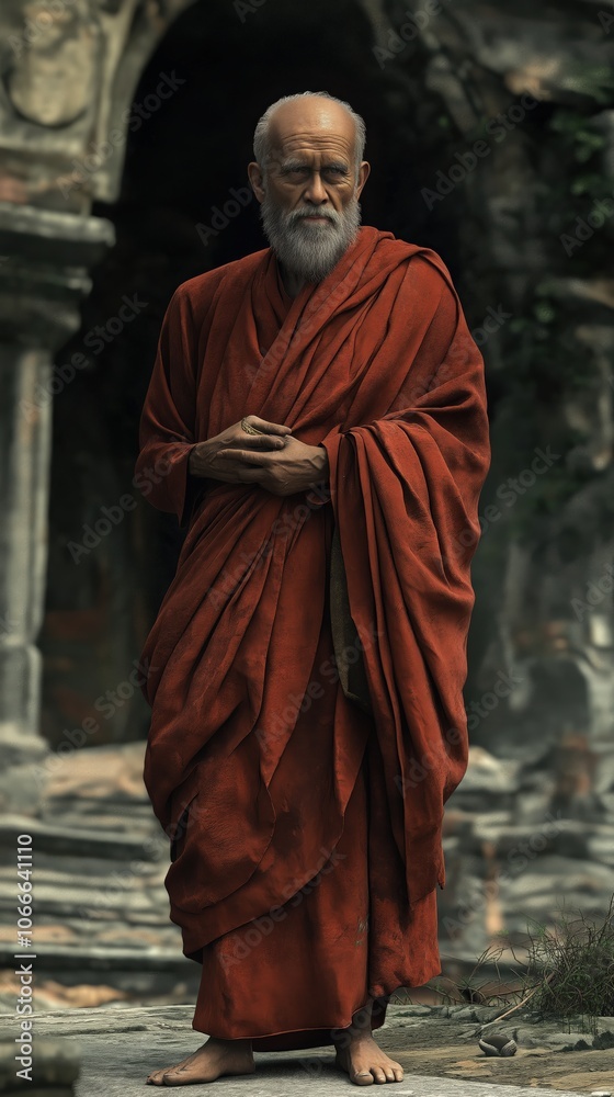 Naklejka premium Old monk, standing in front of the building