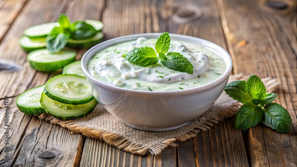 Refreshing Cucumber and Mint Dip in a White Bowl on Rustic Wood Refreshing Cucumber and Mint Dip in a White Bowl on Rustic Wood