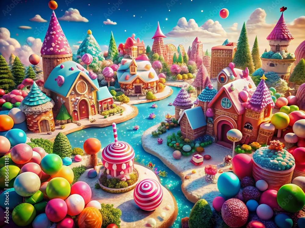 Enchanting Candy Village Aerial View with Colorful Sweets and Whimsical Architecture - Fantasy Landscape with Drone Photography Enchanting Candy Village Aerial View with Colorful Sweets and Whimsical Architecture - Fantasy Landscape with Drone Photography