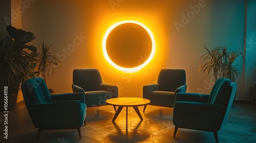 Stylish seating area with glowing circle light and plants, modern decor. photo