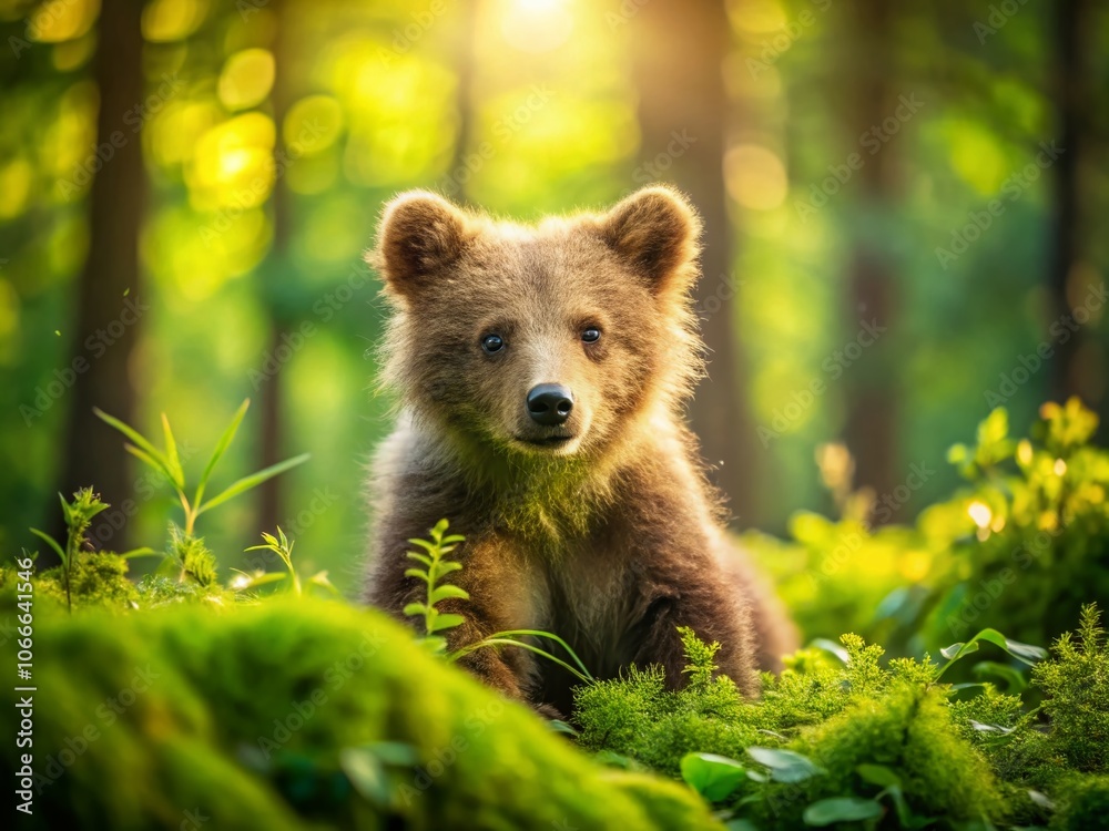 Fototapeta premium A Eurasian brown bear cub, captured in a magical long exposure, wanders the forest.
