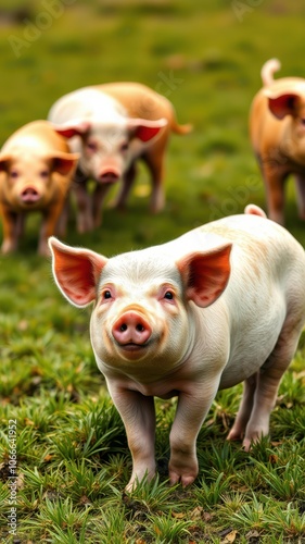 A piglet stands in a field of green grass, looking directly at the camera with a smile