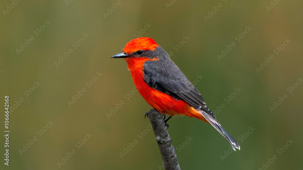 Vermilion Flycatcher, Pyrocephalus rubinus, beautiful little red bird perching, male