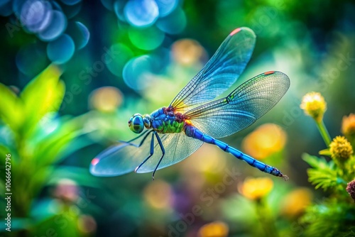 A mesmerizing blue dragonfly, long exposure, garden scene.