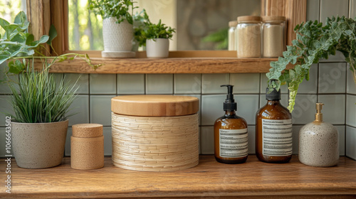 Bathroom countertop with bamboo and glass containers