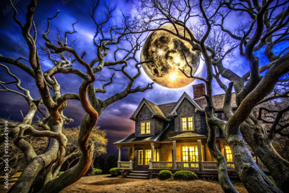 Obraz premium Enigmatic Haunted House Beneath a Moonlit Tree - Spooky Drone Photography of Eerie Architecture and Atmospheric Nightscape