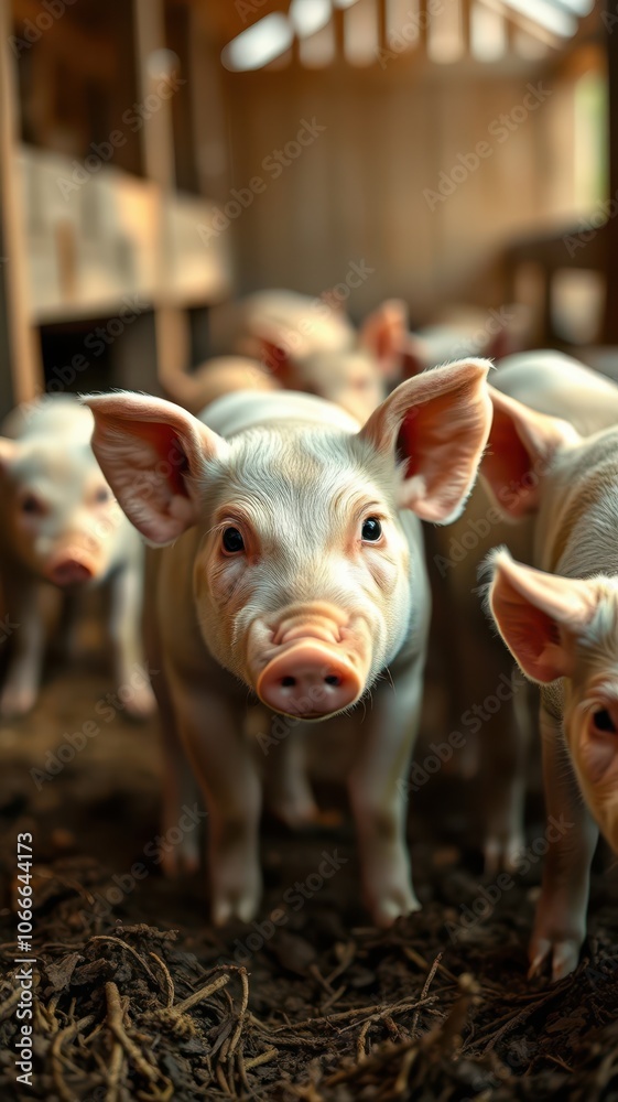 A piglet looks directly at the camera in a barn A piglet looks directly at the camera in a barn