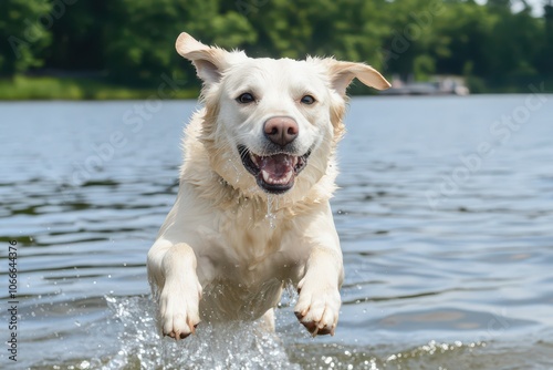 Joyful dog leaps into sparkling lake, creating a splash of water in a moment of pure excitement and playfulness.