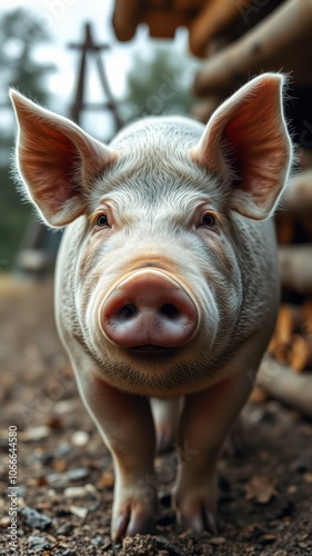 A pig stands in a barnyard, looking directly at the camera photo