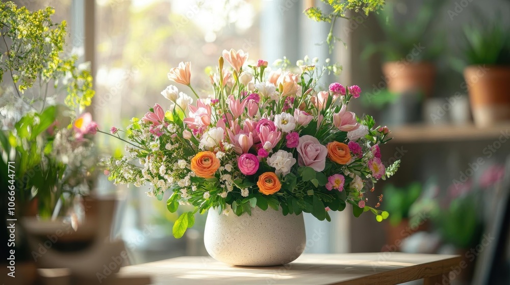 A vibrant bouquet of mixed flowers in a white vase, displayed on a wooden table, creating a fresh and inviting atmosphere. A vibrant bouquet of mixed flowers in a white vase, displayed on a wooden table, creating a fresh and inviting atmosphere.