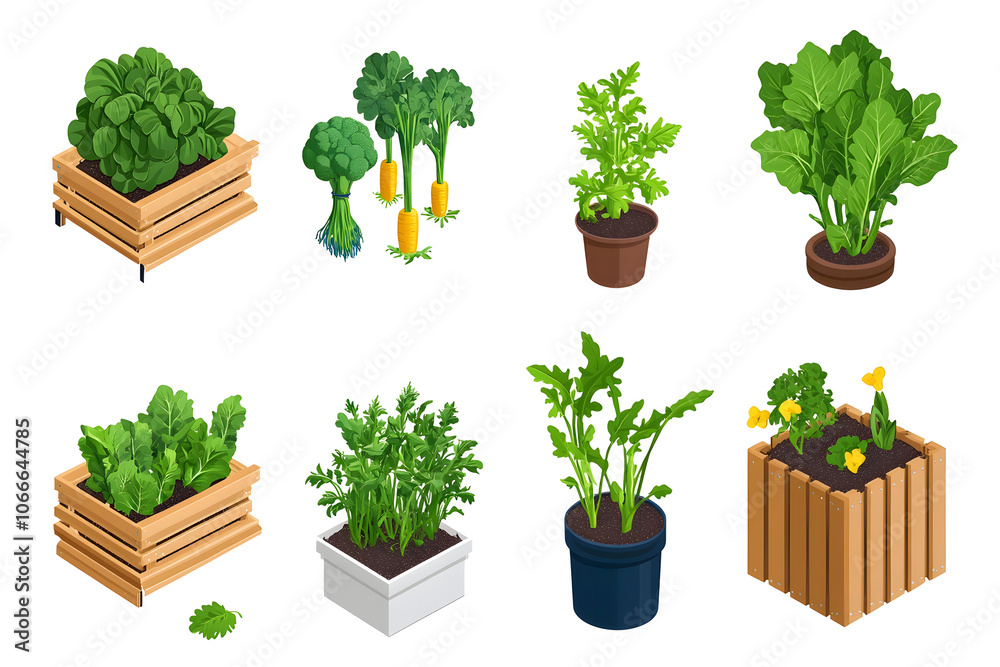 Fototapeta premium Isometric Vegetables and herbs growing in raised bed isolated on white