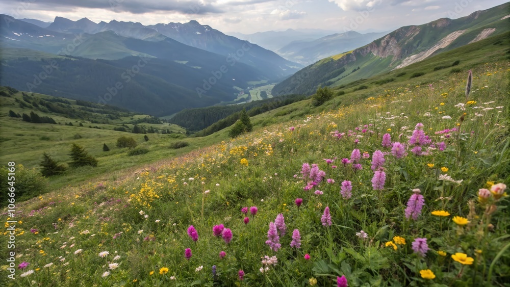 Fototapeta premium A tapestry of vibrant blooms blankets the Caucasus, viewed from above.