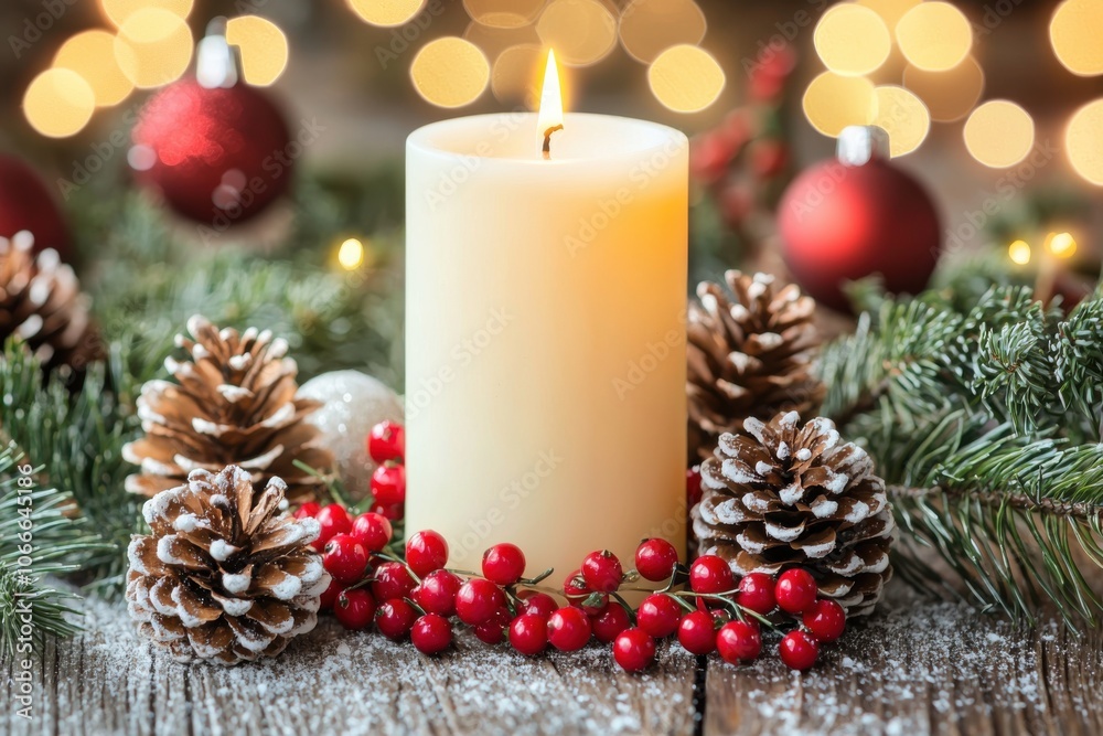 A warm candle surrounded by pinecones, red berries, and festive ornaments, creating a cozy holiday atmosphere. A warm candle surrounded by pinecones, red berries, and festive ornaments, creating a cozy holiday atmosphere.