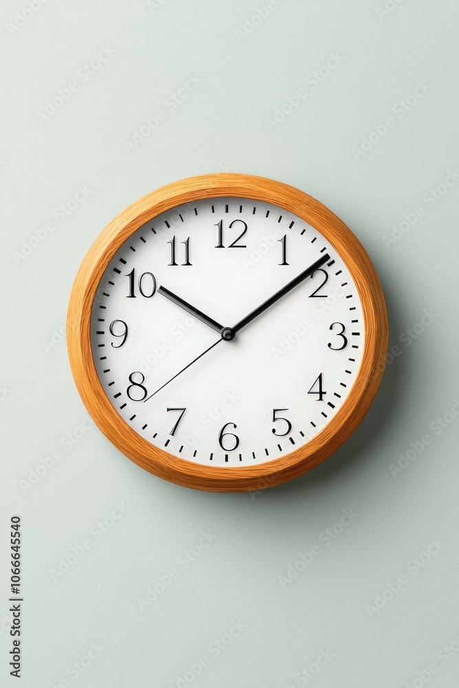 A wooden clock with a white face and black hands showing the time as 10:30 A wooden clock with a white face and black hands showing the time as 10:30