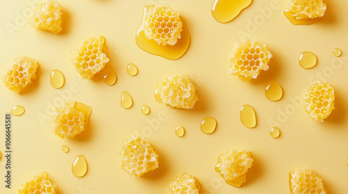 Honeycomb Pieces with Drizzling Honey on Yellow Background