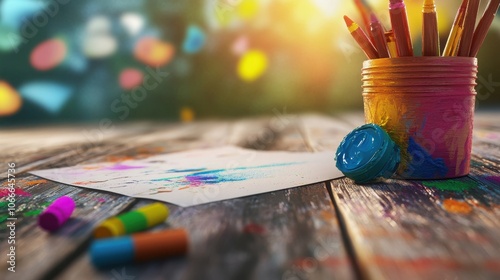 A vibrant and creative workspace filled with an assortment of colorful art supplies including pencils brushes paints and other tools providing a stimulating environment for expression and photo