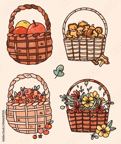 vector set with busket with fruits and berries