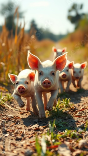 Wallpaper Mural A group of piglets run down a dirt path on a sunny day Torontodigital.ca
