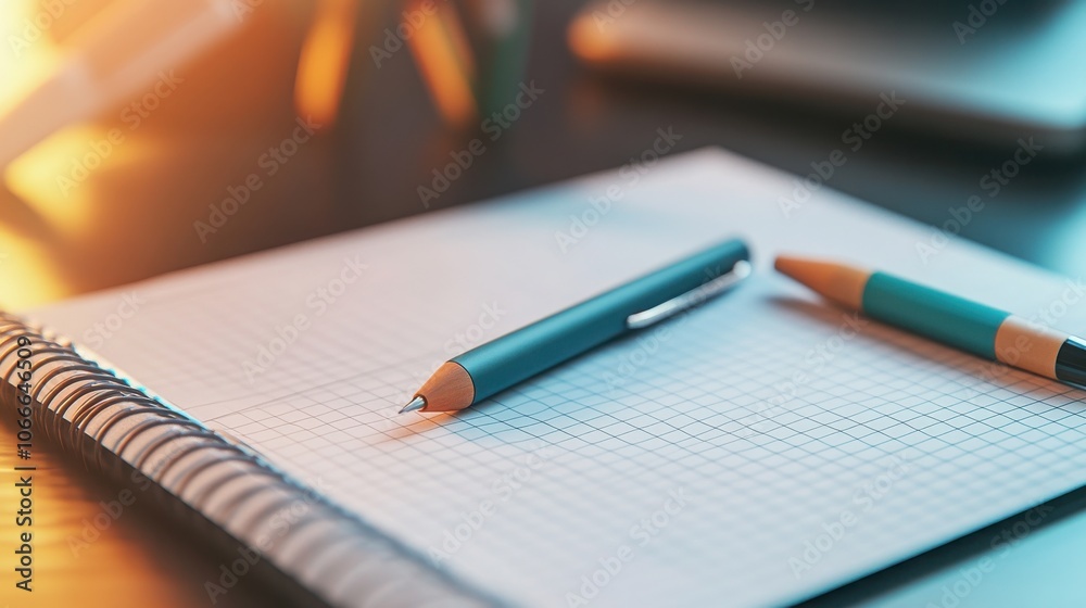 Overhead view of a neatly arranged workspace with an open notebook various writing implements and other office supplies on a wooden desk against a plain white background Overhead view of a neatly arranged workspace with an open notebook various writing implements and other office supplies on a wooden desk against a plain white background