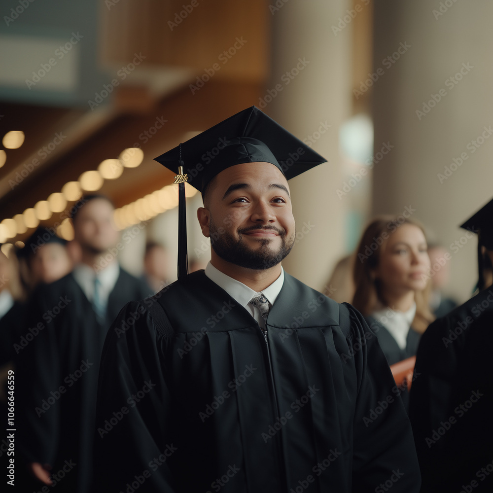 Young man wearing graduation clothes sitting among the audience Young man wearing graduation clothes sitting among the audience