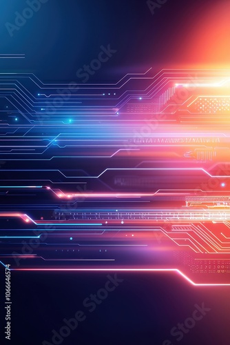 A colorful image of a circuit board with a red and blue background
