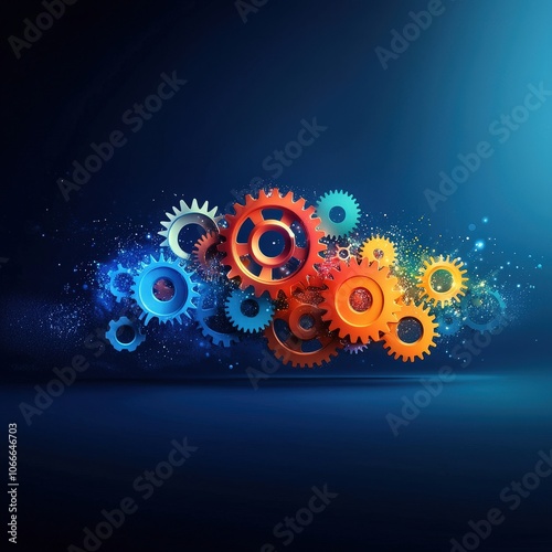 A colorful image of gears and wheels with a blue background photo