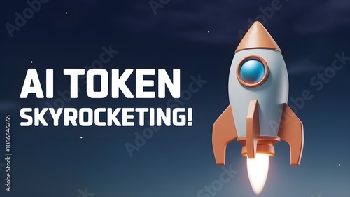 Cartoon rocket ship, white and orange colors, blue circular window, sleek design, stars in background, dark blue space backdrop, bold white text 