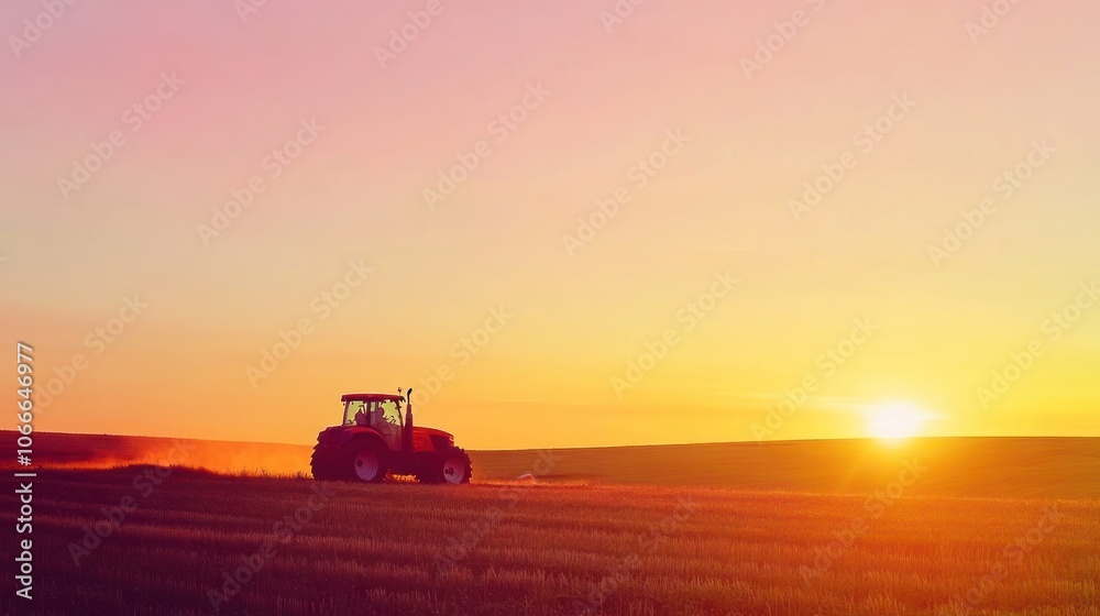 Fototapeta premium Agricultural tractor in a field at sunset, with dust rising from the soil, symbolizing farming and rural life.