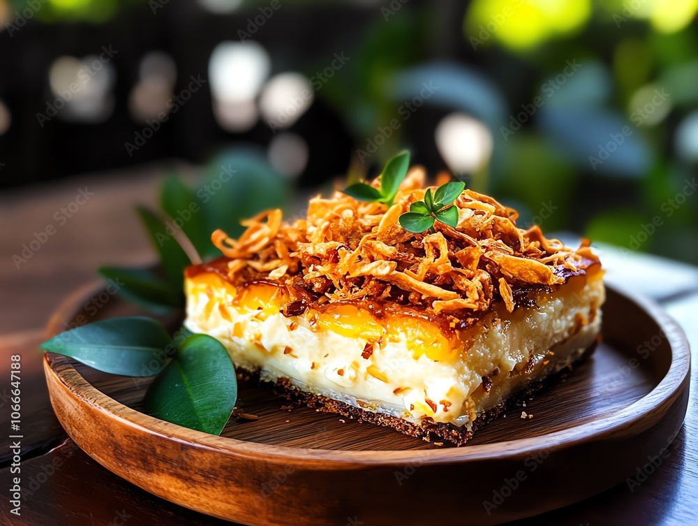 A goldenbaked Khanom Mo Kaeng with a creamy A goldenbaked Khanom Mo Kaeng with a creamy