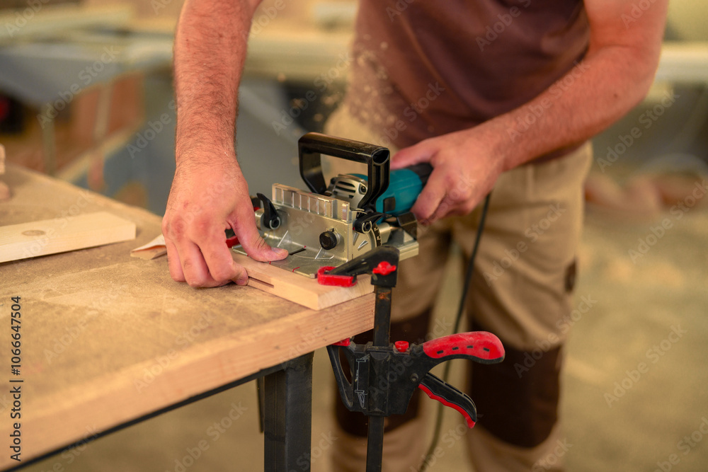 A carpenter working with a power tool on a board fixed on workbench in a workshop. A carpenter working with a power tool on a board fixed on workbench in a workshop.
