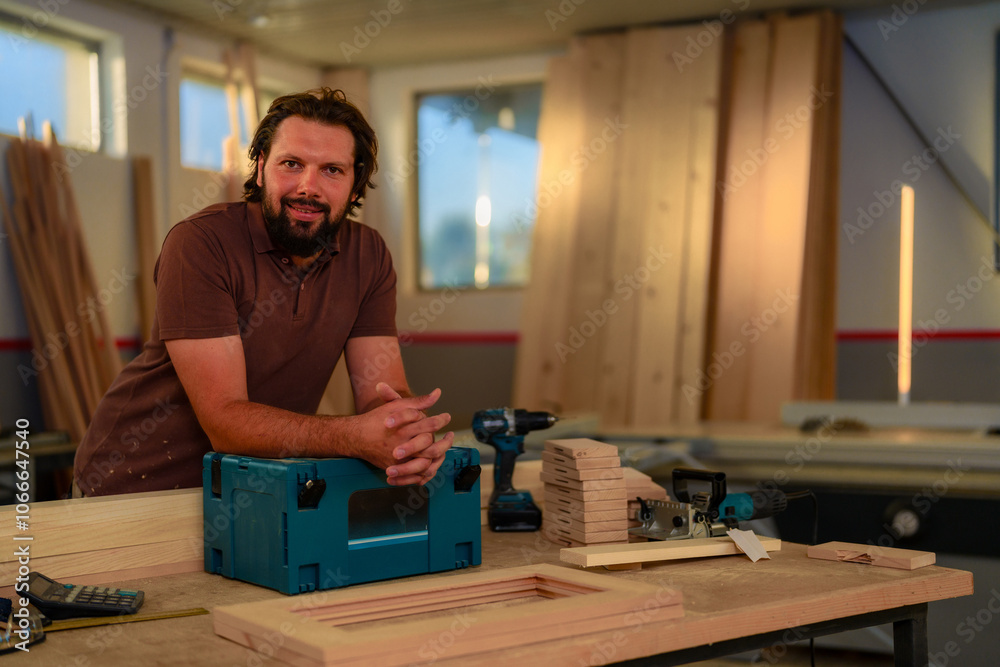 Man with a beard stands confidently in a woodworking workshop, leaning on a blue tool box. The workspace is filled with wooden planks, tools, and equipment. Man with a beard stands confidently in a woodworking workshop, leaning on a blue tool box. The workspace is filled with wooden planks, tools, and equipment.