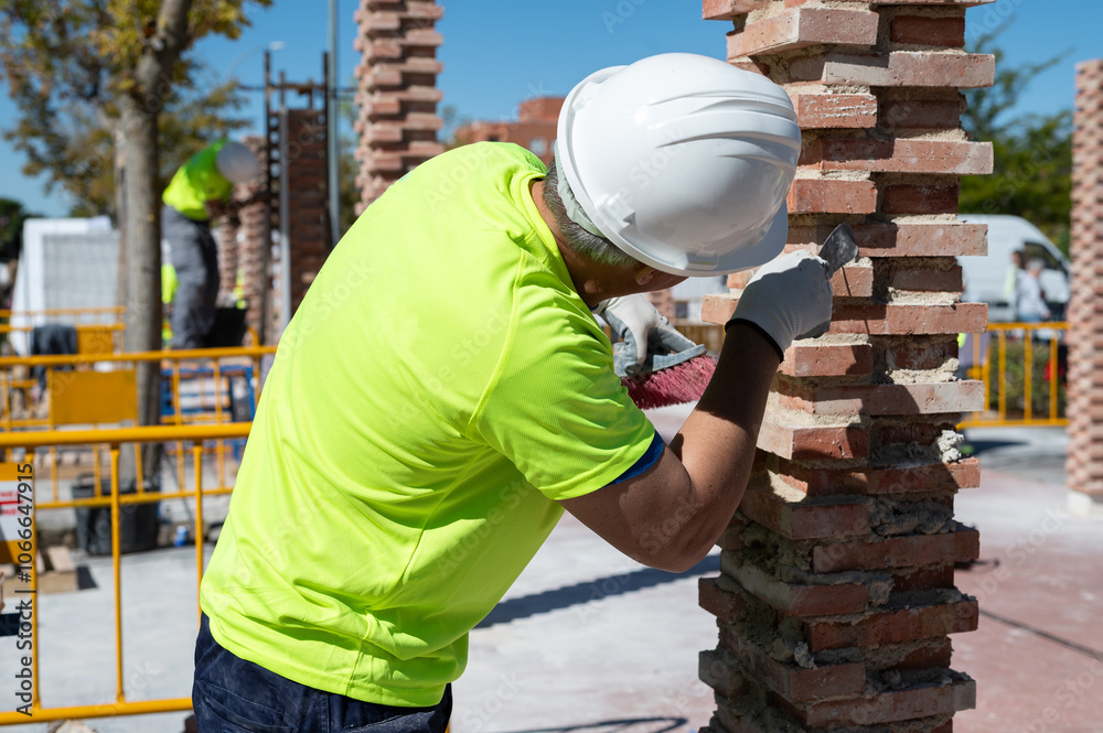 Poster Albañil trabajando en una obra de construcción de ladrillos con ...