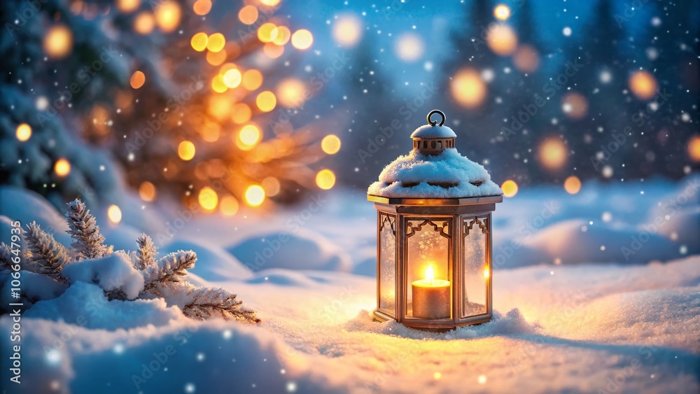 Candlelit lantern, winter scene, snow falls softly.
