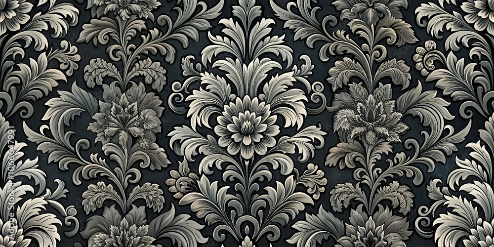 Intricate silver floral pattern on a dark blue background, swirling leaves and delicate blossoms create a sense of grandeur and elegance. Intricate silver floral pattern on a dark blue background, swirling leaves and delicate blossoms create a sense of grandeur and elegance.