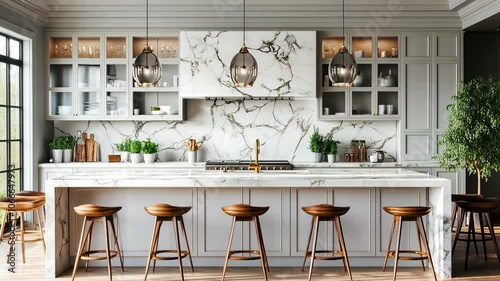 A modern kitchen with white marble countertops and backsplash, featuring a breakfast bar with four wooden stools