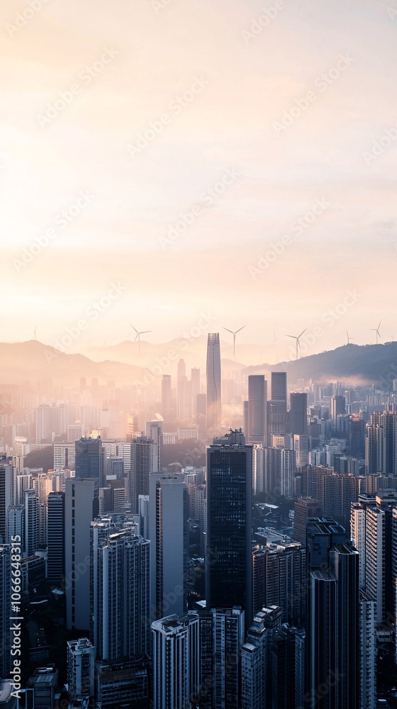 A modern cityscape with skyscrapers and wind turbines on nearby hills, symbolizing net zero carbon goals. The sky has soft clouds with plenty of copy space above the scene. A modern cityscape with skyscrapers and wind turbines on nearby hills, symbolizing net zero carbon goals. The sky has soft clouds with plenty of copy space above the scene.