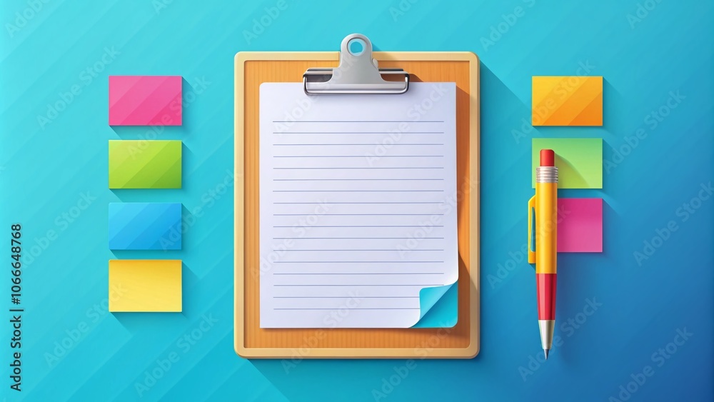 Flat Design Vector of a Clipboard with Papers and Stationery Items for Organizational Concepts and Productivity Illustrations Flat Design Vector of a Clipboard with Papers and Stationery Items for Organizational Concepts and Productivity Illustrations